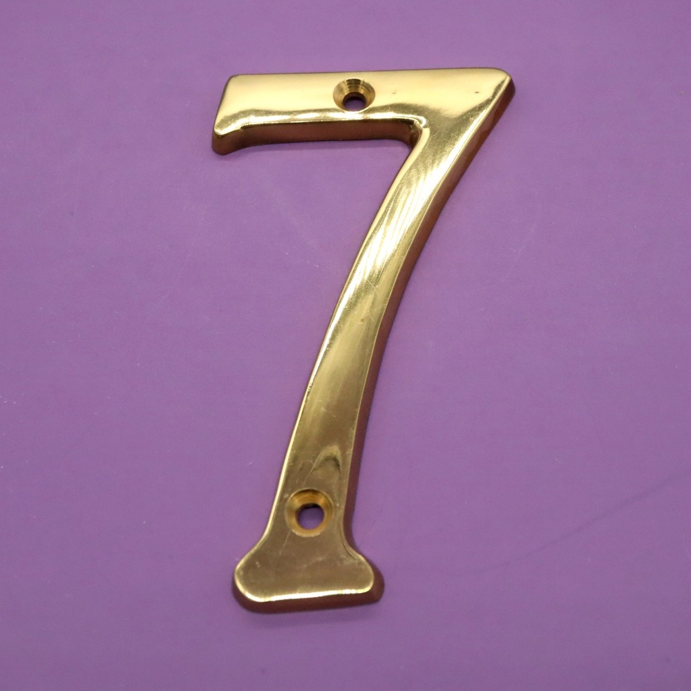 Number 7 Seven Polished Brass 4" House Number w/Hardware Wall Mount Post Address